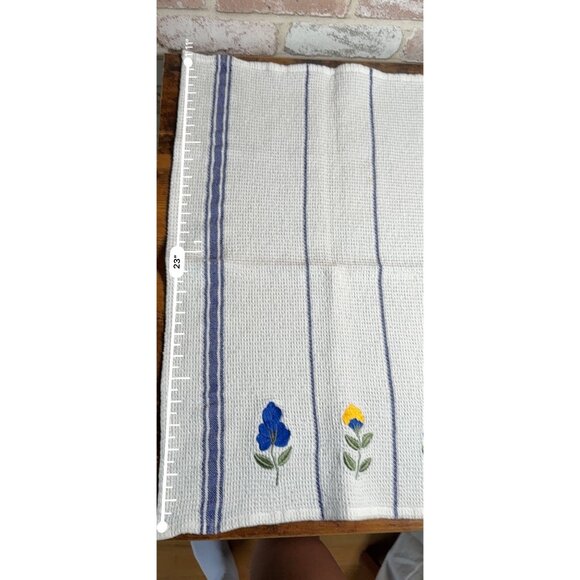 Flower Embroidered Waffle Weave Kitchen Towel With Blue Stripes and Flowers - Picture 10 of 10